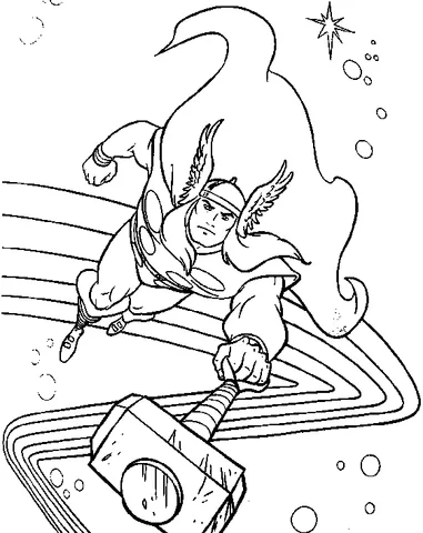 Ausmalbild Avengers: Thor fliegt mit seinem Hammer Mjolnir, einem wehenden Umhang und einer Regenbogenbrücke darunter