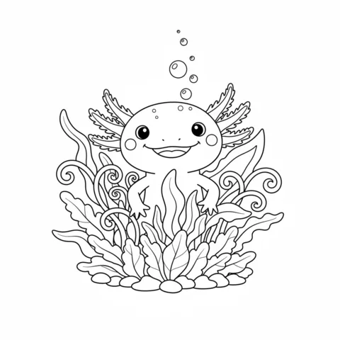 Axolotl coloring page: a cute axolotl smiling among underwater plants with bubbles above its head