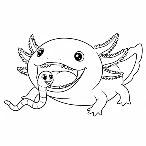 Axolotl coloring page: a happy axolotl with its mouth wide open, about to eat a smiling worm