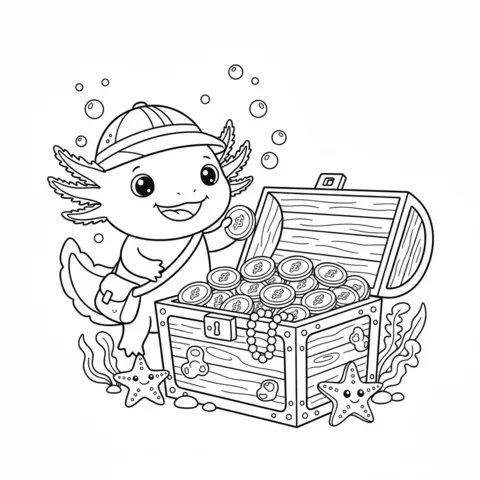Axolotl coloring page: an axolotl wearing a hat and bag, holding a coin next to an open treasure chest