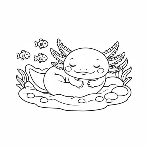 Axolotl coloring page: a sleeping axolotl curled up on rocks and plants, with three small fish swimming nearby