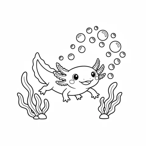 Axolotl coloring page: a cheerful axolotl swimming underwater between two plants, with many bubbles floating up