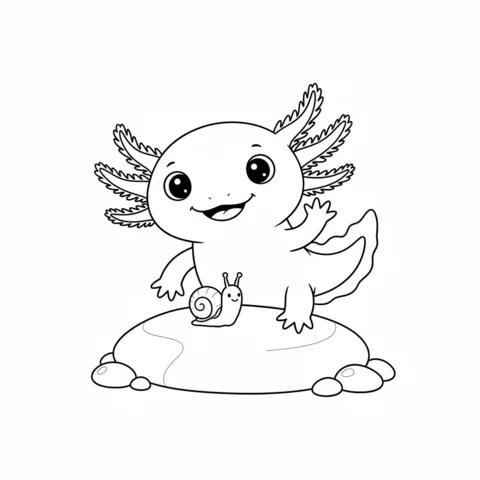 Axolotl coloring page: a happy axolotl standing on a rock, waving, with a small snail next to it