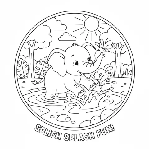 Baby Animals coloring page: a baby elephant splashing water with its trunk in a pond
