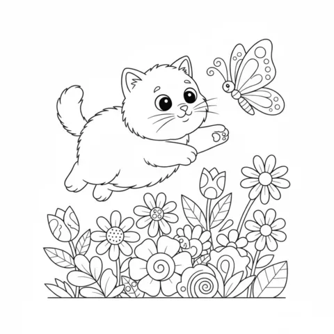 Baby Animals coloring page: a cute kitten jumping towards a butterfly above a flower bed