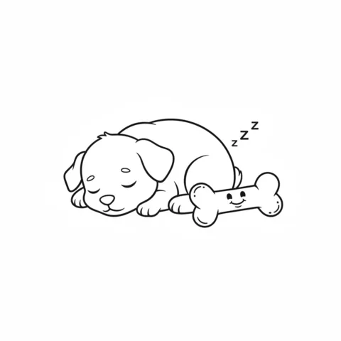 Baby Animals coloring page: a sleeping puppy next to a smiling bone on a white background