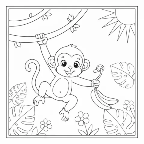 Baby Animals coloring page: a happy baby monkey swinging from a vine, holding bananas