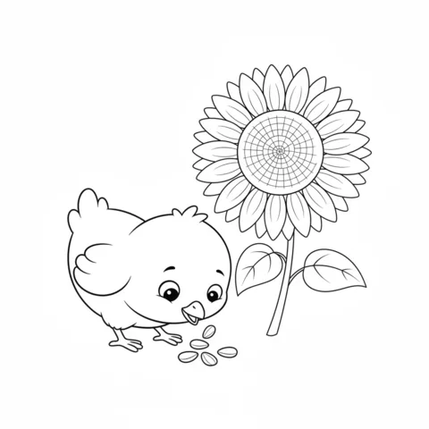 Baby Animals coloring page: a small chick pecking at seeds next to a large sunflower
