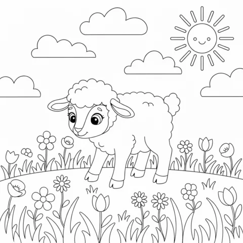 Baby Animals coloring page: a fluffy lamb standing in a field of flowers under a smiling sun