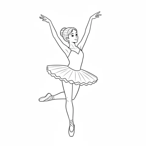 Disegno di Ballerina da colorare: una ballerina in tutù che balla su una gamba con le braccia alzate