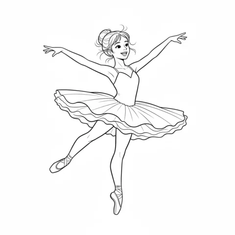 Disegno di Ballerina da colorare: una ballerina sorridente in tutù che balla in punta di piedi con le braccia distese