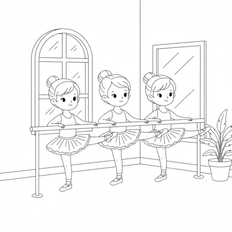 Disegno di Ballerina da colorare: tre giovani ballerine che si esercitano alla sbarra in uno studio di danza
