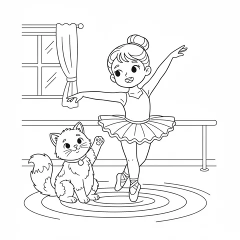 Disegno di Ballerina da colorare: una ballerina che balla con un gatto che saluta con la zampa in uno studio