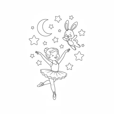 Disegno di Ballerina da colorare: una ballerina che balla sotto una luna crescente e stelle con un coniglietto volante