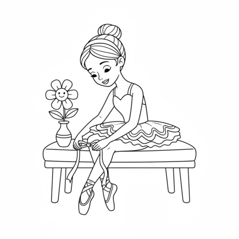 Disegno di Ballerina da colorare: una ballerina seduta su una panca, che si allaccia la scarpa da punta, accanto a un fiore