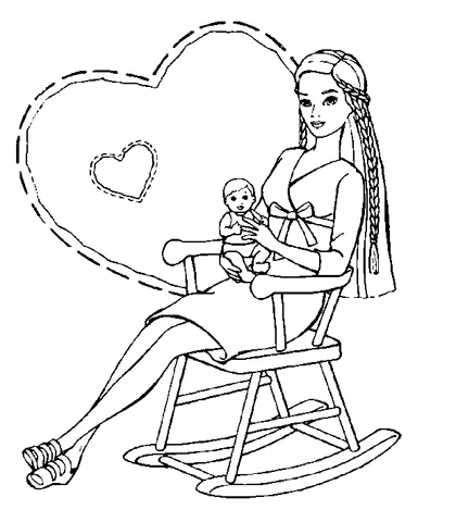 Coloriage Barbie : Barbie dans un fauteuil à bascule tenant un bébé poupée, avec un oreiller en forme de cœur