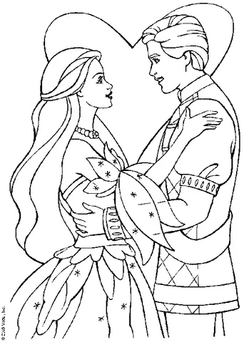 Coloriage Barbie : Barbie et Ken dansent, se regardant, avec un grand cœur derrière eux