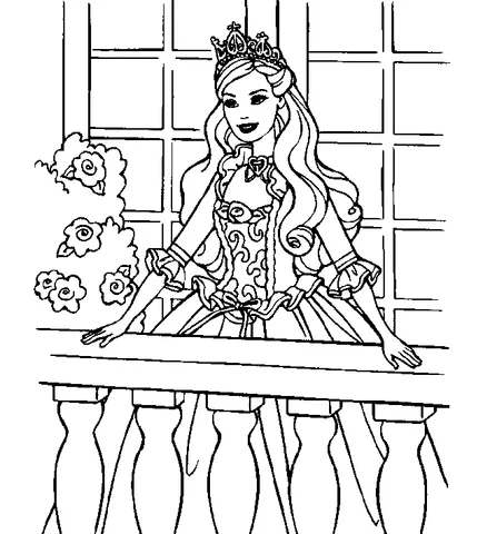 Coloriage Barbie : Barbie en princesse sur un balcon, avec des fleurs flottant à côté d'elle