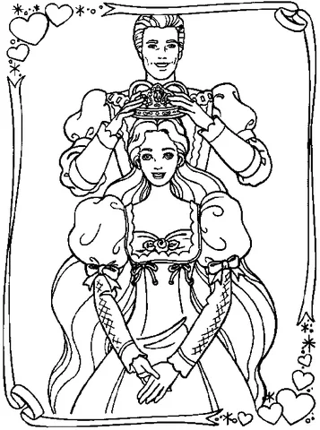 Coloriage Barbie : Ken plaçant une couronne sur la tête de Barbie, encadré de cœurs et de rubans