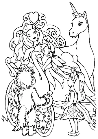 Coloriage Barbie : Barbie dans un carrosse cygne, avec une licorne et deux enfants la regardant