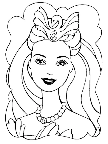 Coloriage Barbie : Barbie aux cheveux longs, portant une couronne cygne et un collier de perles