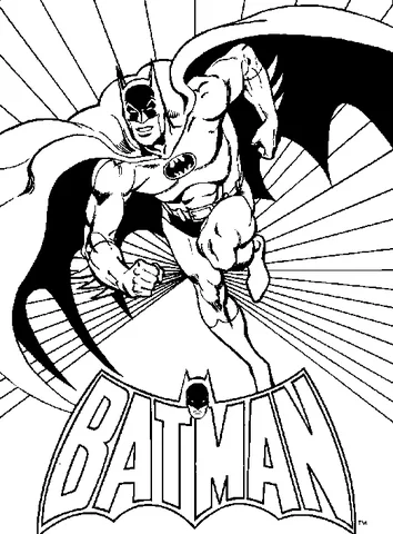 Batman coloring page: Batman running forward with his cape flowing, above his logo