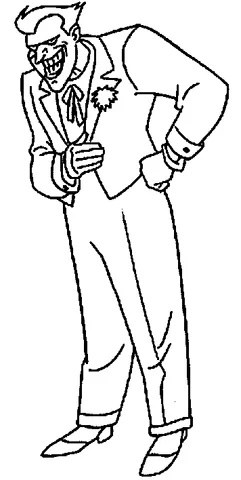 Batman coloring page: The Joker standing, smiling menacingly, with one hand on his hip