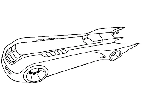 Batman coloring page: the Batmobile, a sleek, futuristic car with fins at the back