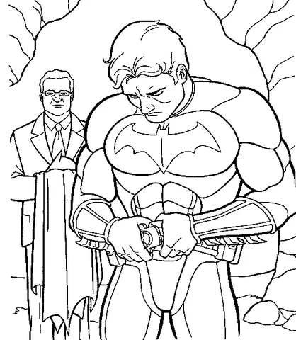 Batman coloring page: Batman kneeling, adjusting his belt, with Alfred holding his cape