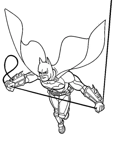 Batman coloring page: Batman flying through the air, holding a grappling hook