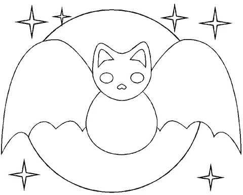 Dibujo de Murciélago para colorear: un lindo murciélago con grandes alas frente a una luna llena y estrellas