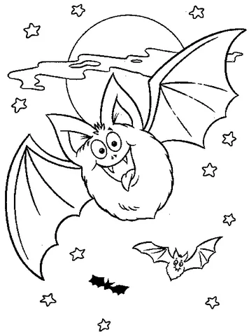 Dibujo de Murciélago para colorear: un gran murciélago feliz volando con un murciélago pequeño contra una luna llena estrellada