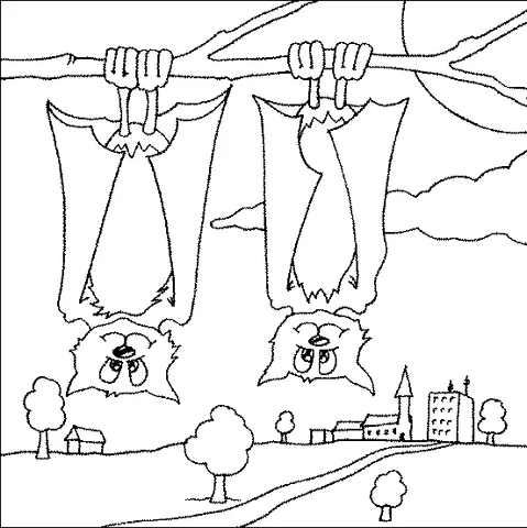 Dibujo de Murciélago para colorear: dos murciélagos colgando boca abajo de una rama sobre un paisaje de pueblo