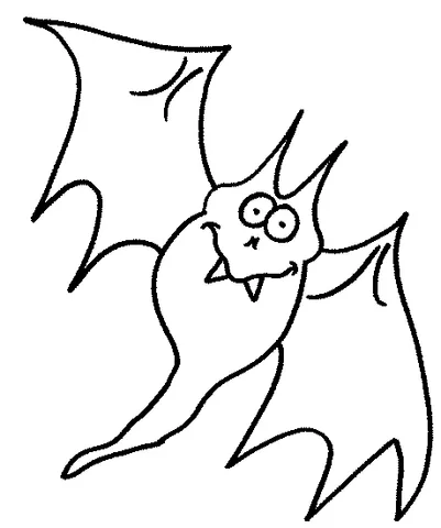 Dibujo de Murciélago para colorear: un murciélago de dibujos animados con orejas puntiagudas, colmillos y grandes alas volando