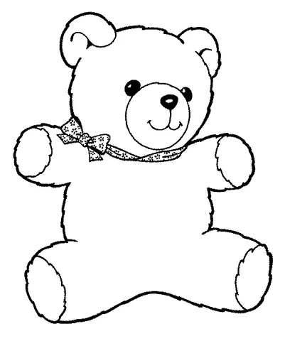 Desenho de urso para colorir: um ursinho de pelúcia fofo sentado com um laço no pescoço