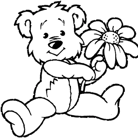 Desenho de urso para colorir: um ursinho de pelúcia feliz sentado e segurando uma flor grande