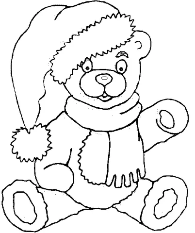 Desenho de urso para colorir: um ursinho de pelúcia sentado, usando um gorro e um cachecol de Papai Noel