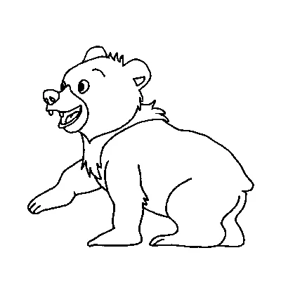 Desenho de urso para colorir: um filhote de urso alegre caminhando com a boca aberta