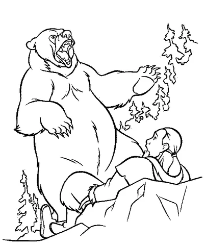 Desenho de urso para colorir: um urso rosnando em pé sobre uma pessoa em uma rocha
