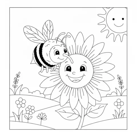 Bees coloring page: a happy bee sitting on a smiling sunflower under a cheerful sun