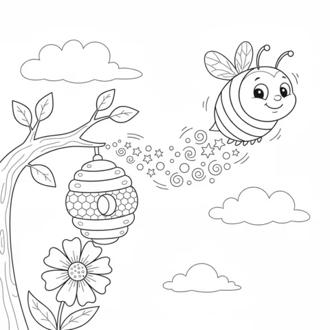 Bees coloring page: a cute bee flying away from a hanging beehive, leaving a trail of stars