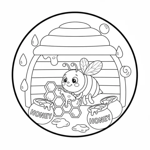 Bees coloring page: a bee collecting honey from a honeycomb, with pots of honey around