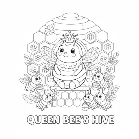 Bees coloring page: a queen bee on her throne surrounded by worker bees in front of a hive