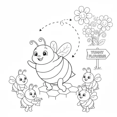 Bees coloring page: a large bee dancing for four smaller bees with a sign pointing to flowers