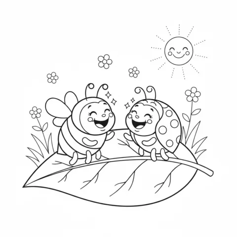 Bees coloring page: a bee and a ladybug laughing together on a large leaf under the sun
