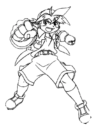 Dibujo de Beyblade para colorear: un niño sonriente con el pelo puntiagudo, vistiendo pantalones cortos y una chaqueta, lanzando un puñetazo