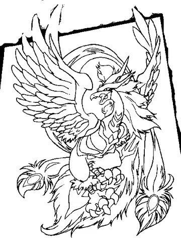 Dibujo de Beyblade para colorear: un fénix mítico con grandes alas y una cola de fuego