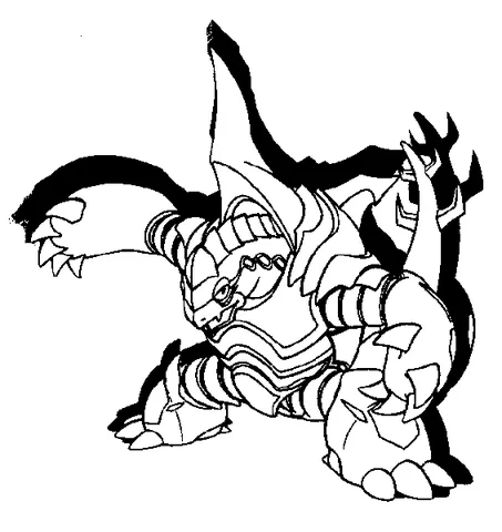 Dibujo de Beyblade para colorear: una criatura grande y acorazada con garras afiladas y una postura poderosa