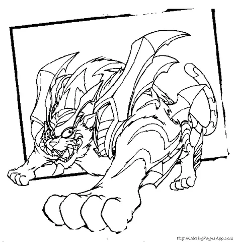 Dibujo de Beyblade para colorear: una feroz criatura parecida a un tigre con armadura y garras afiladas