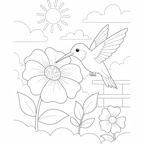 Dibujo de Colibrí para colorear: un colibrí sorbe néctar de una flor grande bajo un cielo soleado